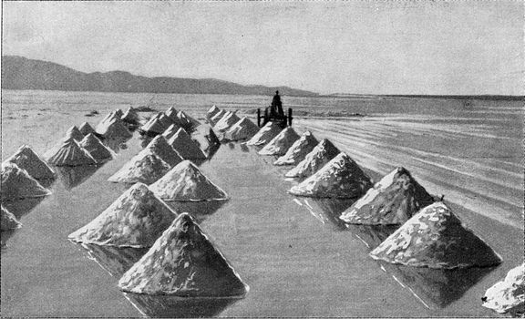 Salines in California, vintage engraved illustration. From the Universe and Humanity, 1910.
