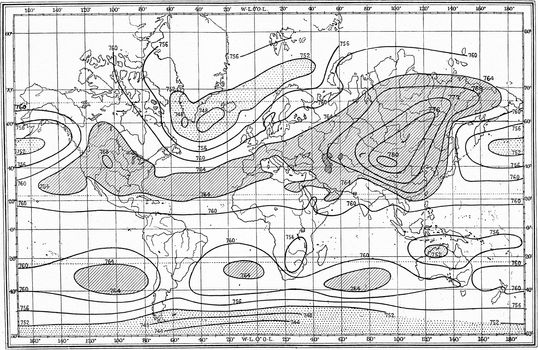 Isobars or lines of equal atmospheric pressure for the month of January, vintage engraved illustration. From the Universe and Humanity, 1910.
