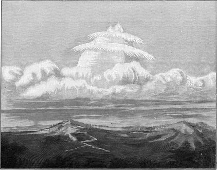 Hail cloud over the Julian Alps observed in Venice on April 27, 1895, vintage engraved illustration. From the Universe and Humanity, 1910.
