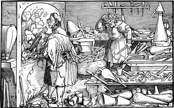 Alchemist laboratory, vintage engraved illustration. From the Universe and Humanity, 1910.
