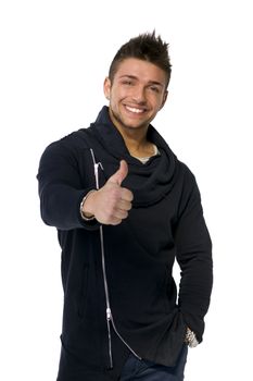 Attractive happy young man smiling, doing thumb up sign with his hand, isolated on white