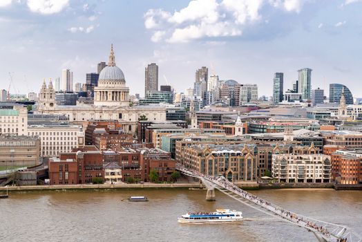 Aerial view of London St Paul's Cathedral with London Millennium Bridge in London England UK