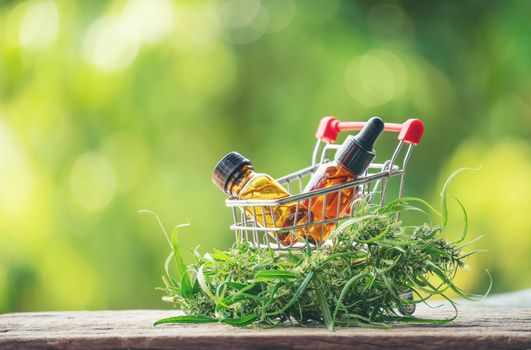 cannabis with cannabidiol (cbd) extract in a shopping cart