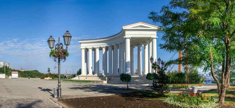 Odessa, Ukraine - 09.059.2019. Restored Colonnade at Vorontsov Palace in Odessa, Ukraine, at the sunny summer morning