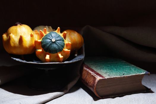 Vintage still life with few small pumpkins in a metal vase near old book