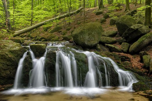 Beautiful Maly waterfall in super green spring forest surroundings, Czech Republic