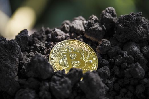 Golden Bitcoin coin on the background of the earth.