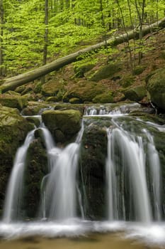 Beautiful Maly waterfall in super green spring forest surroundings, Czech Republic