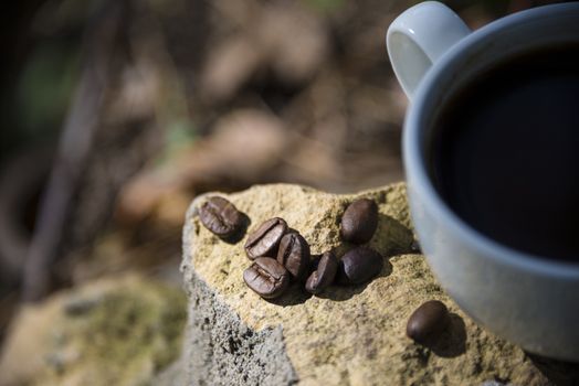 Cup of coffee and coffee beans on a stone background.