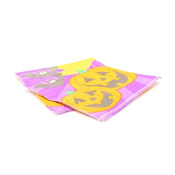 Two friendly Halloween napkins isolated on white background. Festive party tissues display pumpkins, bats, jack-o-lantern