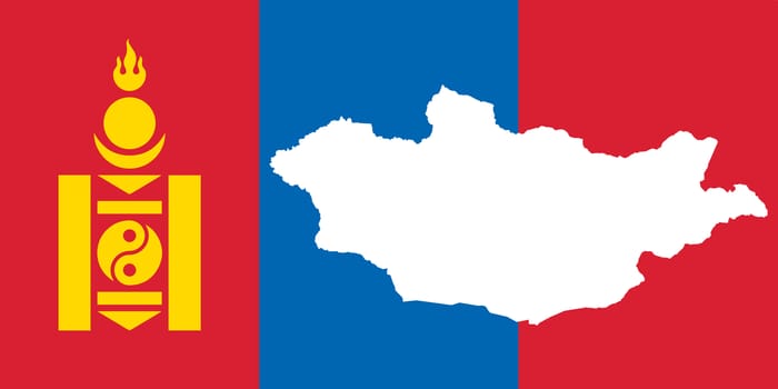 The Mongolia national flag with the country map in silhouette