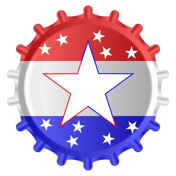 A typical metal glass bottle cap in red white and blue with USA stars and stripes flak colors isolated on a white background