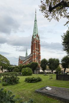 Stockholm, Sweden. September 2019.  View of the St. John Church and the cemetery in its park