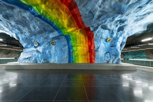 Stockholm, Sweden. September 2019. the interior decorations on Stadion Metro Station 