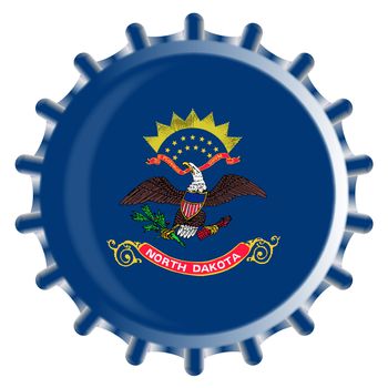 A typical metal glass bottle cap in North Dakota state flag colors isolated on a white background
