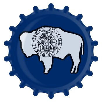 A typical metal glass bottle cap in Wyoming state flag colors isolated on a white background