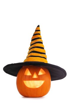 Jack O Lantern Halloween pumpkin with witches hat isolated on white background
