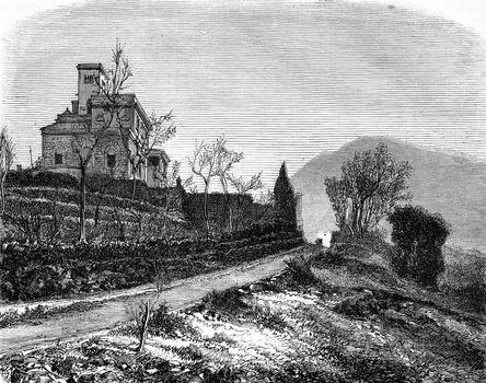 The Vesuvius Observatory, vintage engraved illustration. Magasin Pittoresque 1877.
