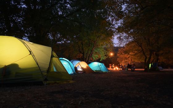 Tents and people outside in nature at night