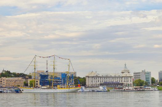 Galati, Romania - September 17, 2019. Brice Mircea Romanian Military Navy School Ship docked on Danube river in commercial port quay of Galati