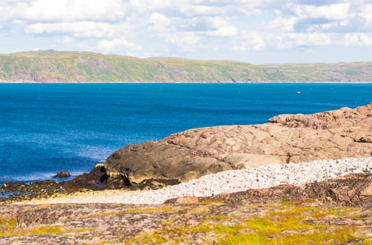 Huge stone paws of the Barents sea are washed by the dark azure Arctic ocean. Bright Northern colors lure into the distance, beyond the horizon, where the ancient mountains stand majestically