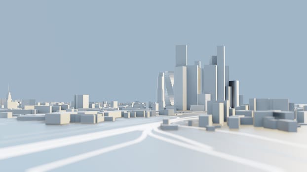 3D illustration. White Futuristic City in sunny day. Sky background