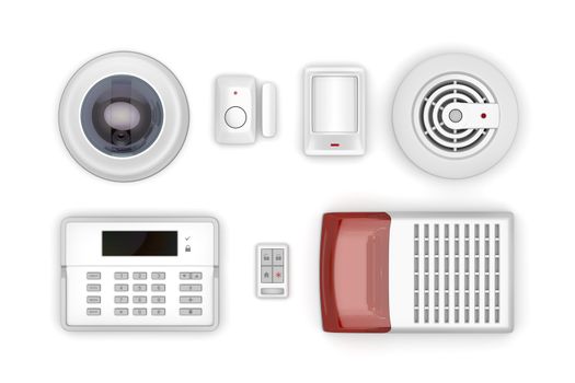 Security electronic devices on white background, top view 