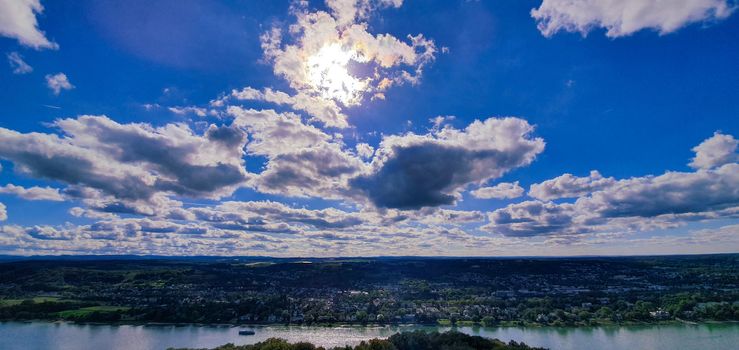 Panoramic view with clouds of the Rheine river valley taken from the Siebengebirge in Königswinter on a sunny autumn day. 