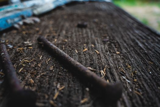 The selected focus very old rusty screws on the wood floor