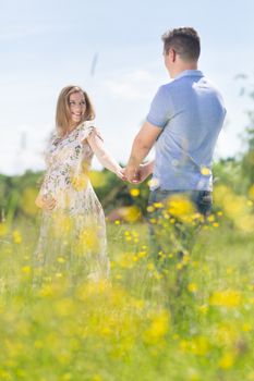 Young happy pregnant couple in love holding hands, relaxing in meadow. Concept of love, relationship, care, devotion, marriage, family creation, pregnancy, parenting