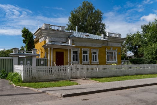 Vologda, Russia - July 28, 2019: Wooden house a monument of architecture of 19 century. Mayakovsky street building 9.