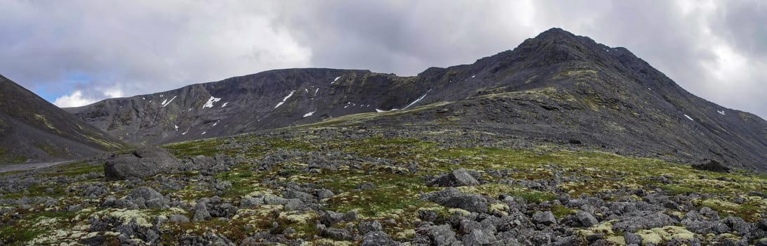 Panorama of mountain valley in Khibiny range, mountains above the Arctic circle, Kola peninsula, Russia