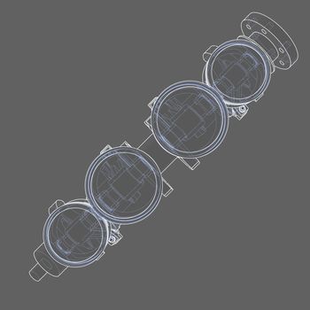 Engine pistons outline. 3D illustration. White lines and grey background