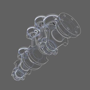 Engine pistons outline. 3D illustration. White lines and grey background