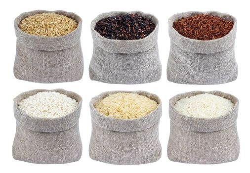 Different types of rice in bags isolated on white background with clipping path. Collection