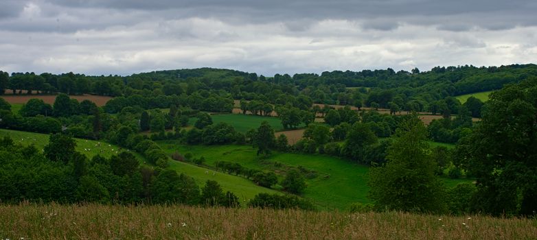 View from the hill on tranquil landscape in rural Normandy