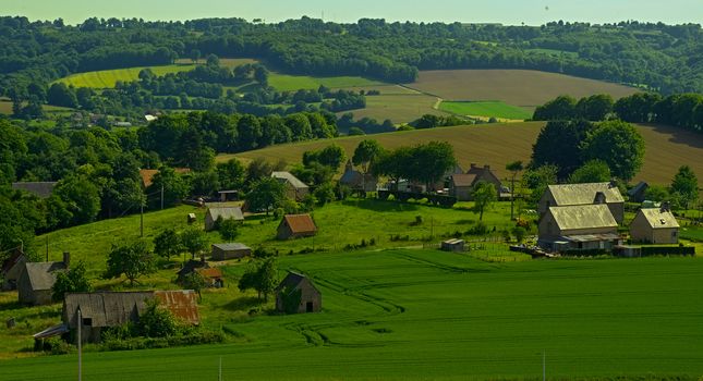 View from the hill on tranquil landscape in rural Normandy