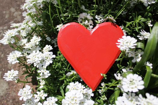 The picture shows a red heart and spring flowers.