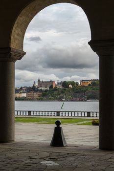 Stockholm, Sweden. September 2019.  the view of the arcades of the city hall