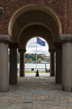 Stockholm, Sweden. September 2019.  the view of the arcades of the city hall