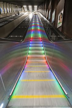 Stockholm, Sweden. September 2019. the colorful lights on an escalator of a Metro station