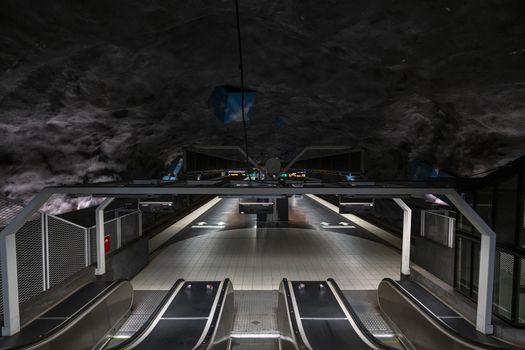 Stockholm, Sweden. September 2019.  Stockholm, Sweden. September 2019. the interior view of  a Metro Station ecalators