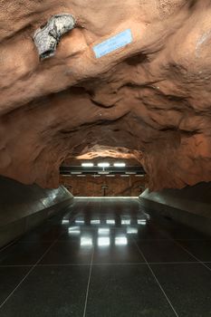 Stockholm, Sweden. September 2019.  The interior view of the  Radhuset Metro Station  platform