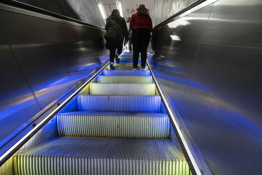 Stockholm, Sweden. September 2019. the colorful lights on an escalator of a Metro station
