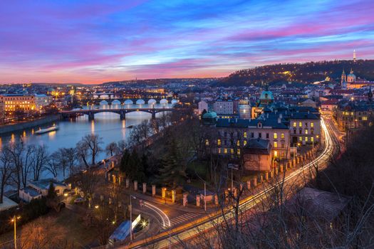 aerial night view on bridges in Prague, Czech Republic