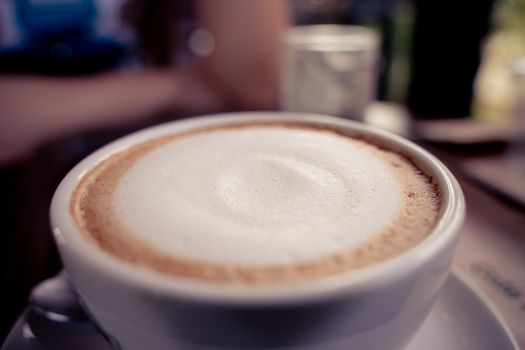 The Closeup Cappuccino. Cup Of Cappuccino Or Latte Coffee