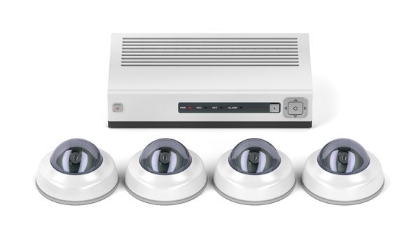 Digital video recorder and dome surveillance cameras on white background