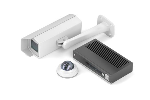 Digital video recorder and two surveillance cameras on white background