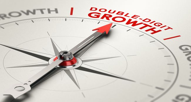 Compass with needle pointing the text double-digit growth. Financial concept. 3D illustration. 