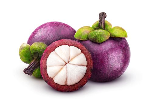 Mangosteen isolated on white background with clipping path. Two whole queen fruits and one half as package design elements